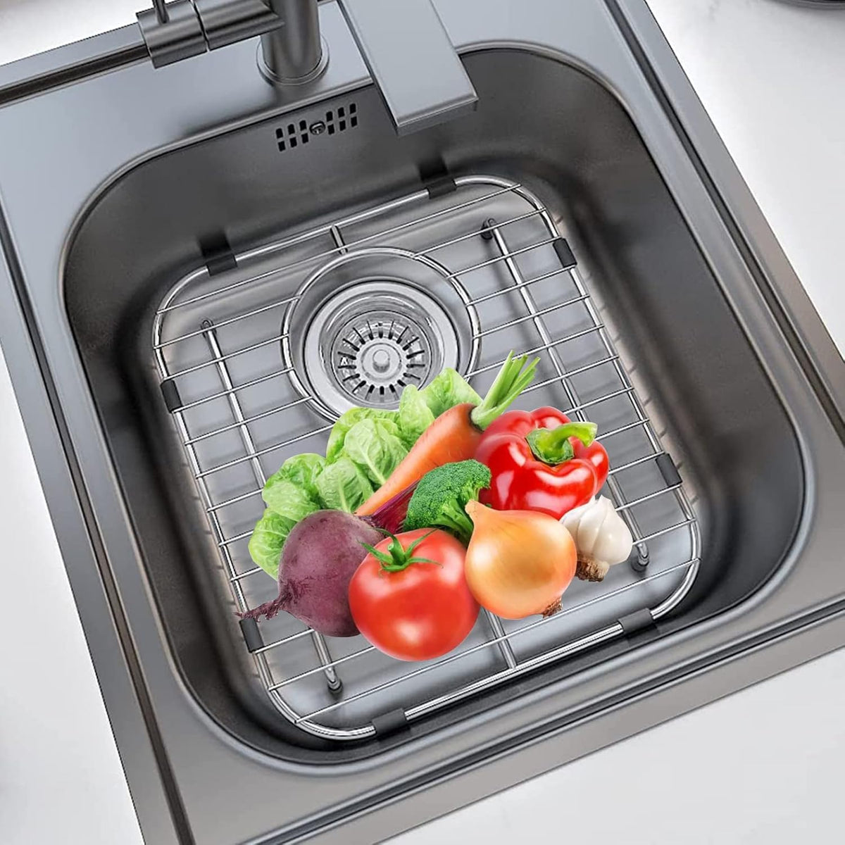 Orgneas Sink Protectors for Kitchen Sink, Universal Double Bowl Sink Bottom Grid 13.2"x11.6"x1.25", 304 Premium Stainless Steel Kitchen Sink Protector Grid Sink Grate Rack Rear Drain 2 Packs