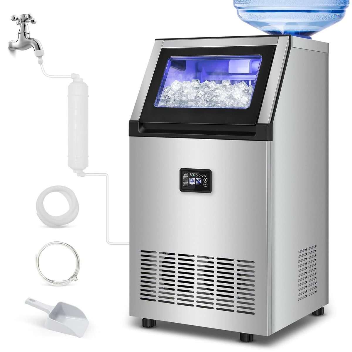 Ice Maker Commercial Ice Machine 200 lbs /24H, 33 lbs Large Storage Capacity Bin, Under Counter or Freestanding Ice Cube Makers Stainless Steel for Restaurant Bar Cafe
