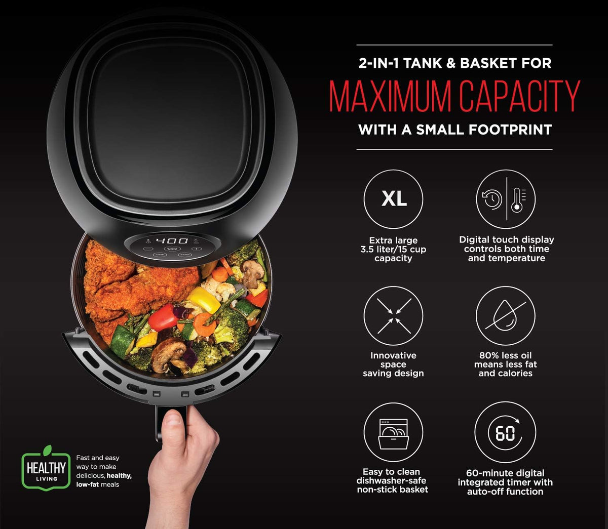 CHEFMAN Small Air Fryer Healthy Cooking, 3.6 Qt, User Friendly, Nonstick, Digital Touch Screen, Dishwasher Safe Basket, w/ 60 Minute Timer & Auto Shutoff, Matte Black, Cookbook Included