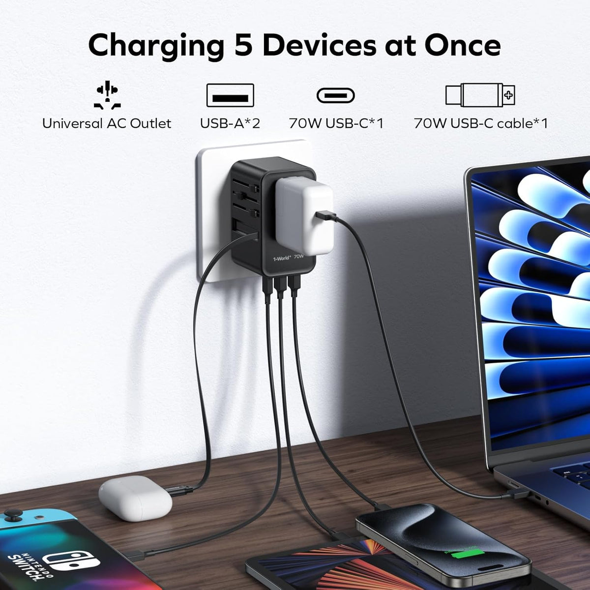 MOMAX Universal Travel Adapter, International Power Plug Adapter with 1 USB C (PD 70W), 2 USB A Ports, 1USB-C Cable (PD 70W), All-in-One Worldwide Wall Charger for USA European UK AUS (Type C/G/A/I)