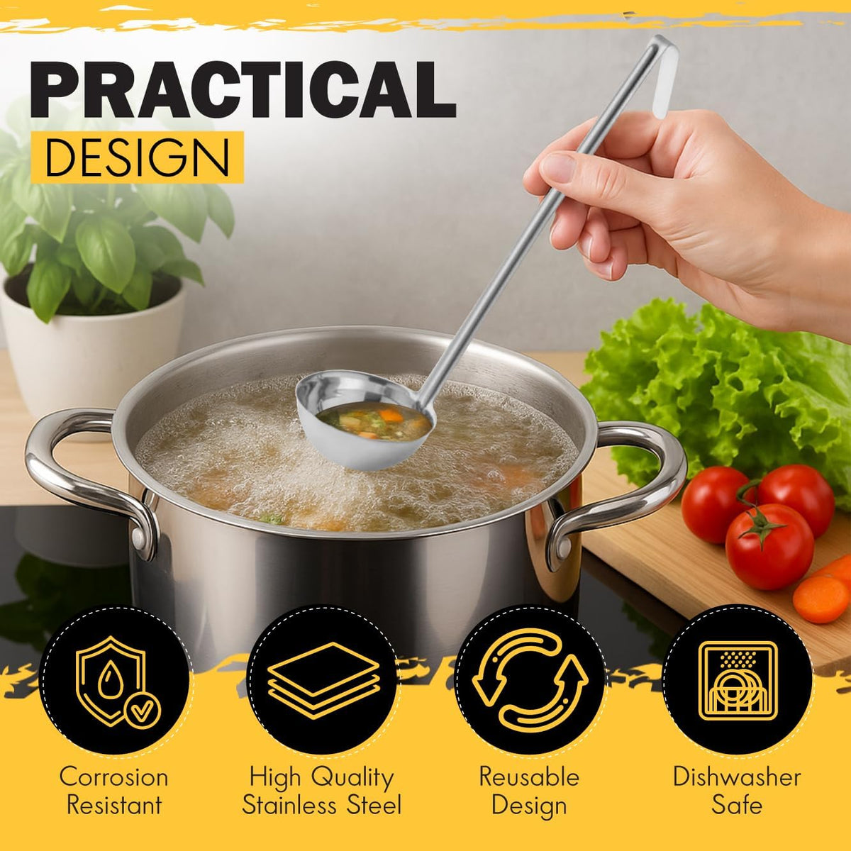 Ladle - Durable Stainless Steel Ladle Serving Measuring Soup Dressing Sauce Gravy Sturdy Dependable Long Handle for Kitchen (1, 10 Oz.)