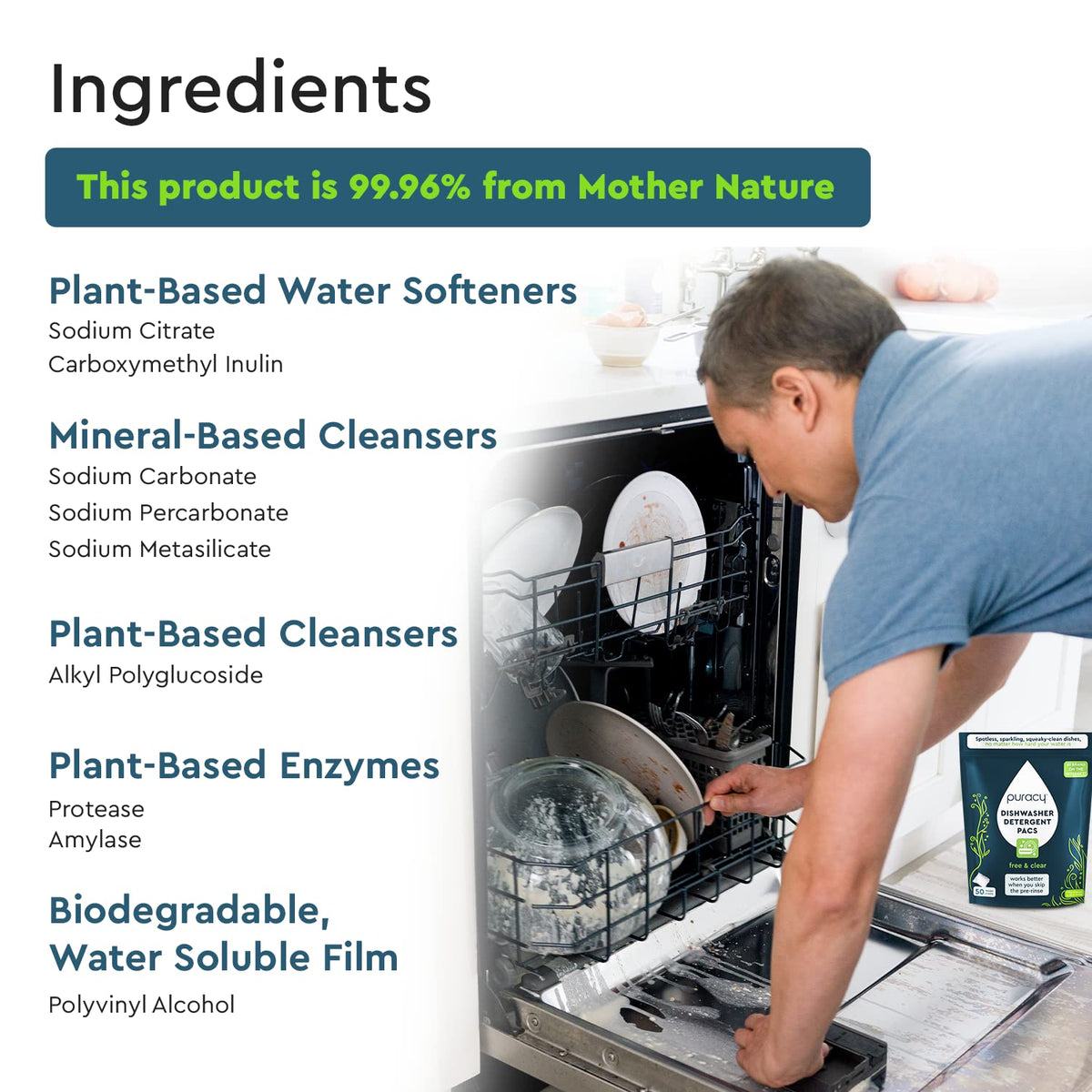 Puracy Dishwasher Pods, Natural Dishwasher Detergent, Free & Clear Dish tabs - Enzyme-Powered, Spot & Residue Free - TikTok Trend Items, Must Haves from TikTok Made Me Buy It (Free & Clear, 50 Count)