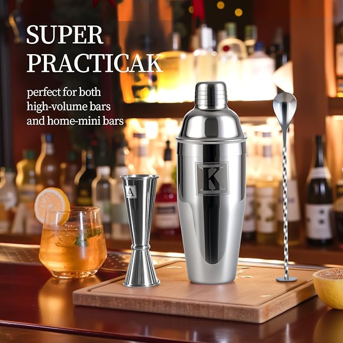 24oz Cocktail Shaker Set with 1 oz 2oz Jigger - Monogramm Initials Martini Shaker Set - 304 Stainless Steel Bar Shaker for Margarita,Mojito-Personalized Gift for Friend,Husband -L