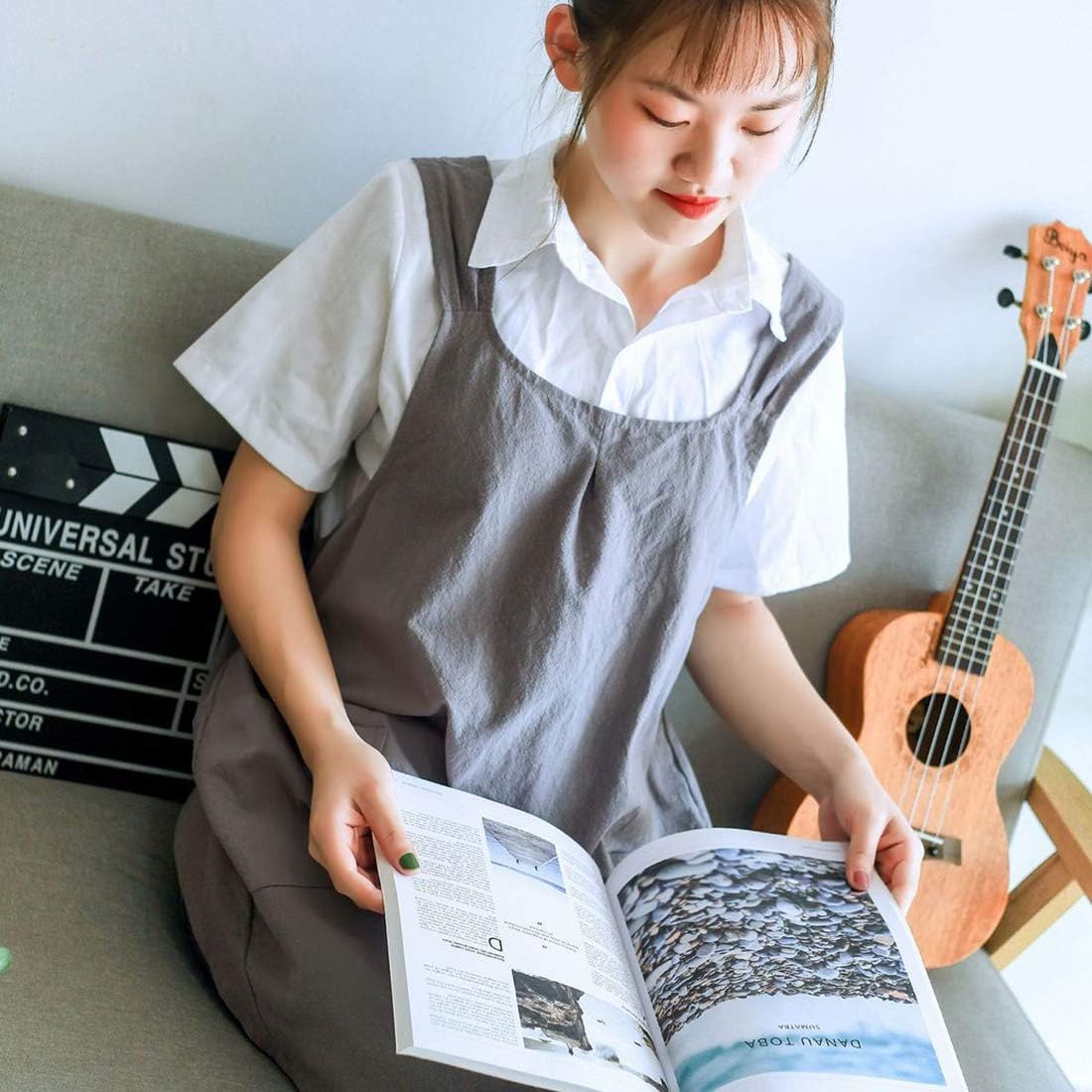 NEWGEM Japanese Linen Cross Back Cooking Aprons for Women Men with Pockets Cute for Baking Kitchen