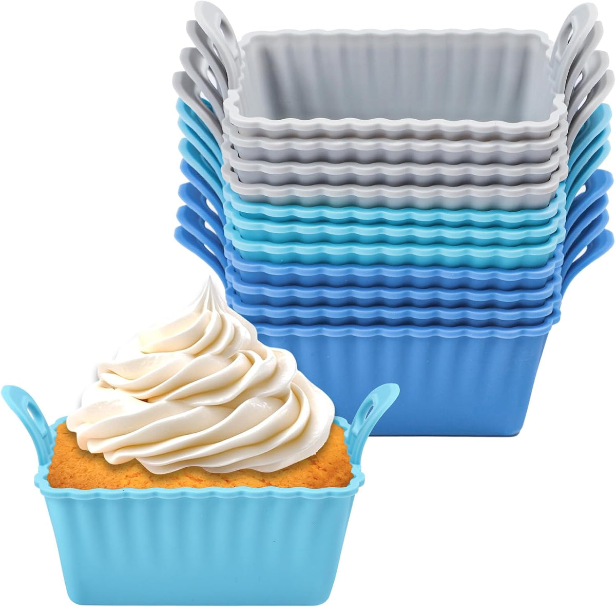Koluti Nonstick Silicone Muffin Baking Cups Pack of 12, Reusable Cupcake Molds with Double Handle, BPA Free, Mini Rectangle Air Fryer Cupcakes Liner, 3 Colors