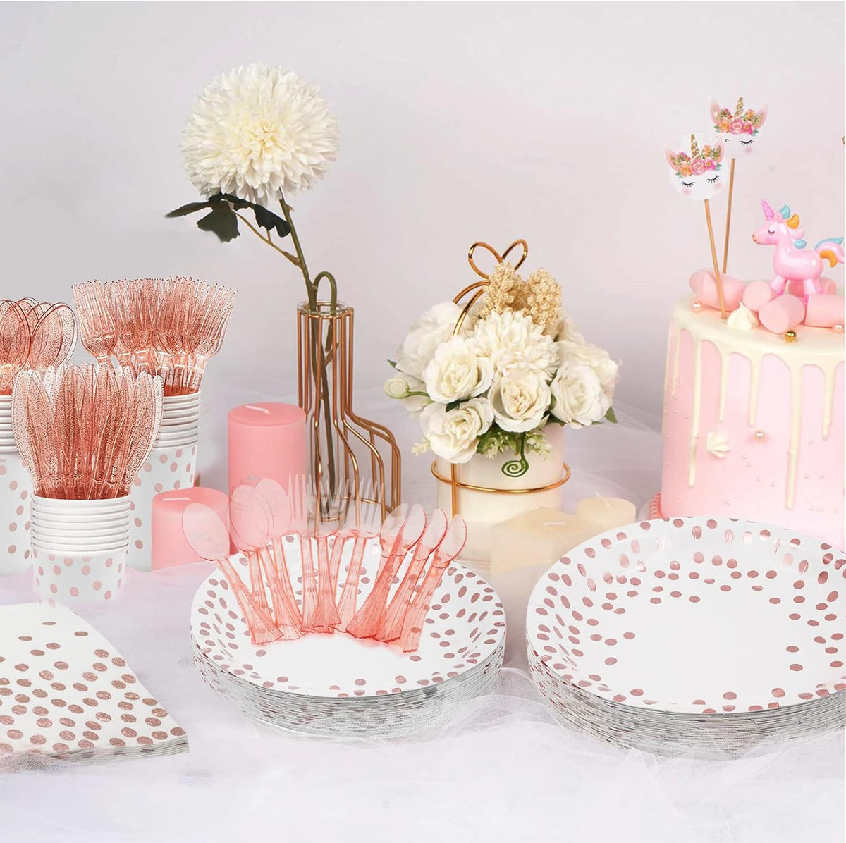AIRE 175Pcs White Rose Gold Paper Plates Dinnerware Sets for 25 Guests, Party Supplies Disposable Paper Party Plates Napkins Cups Plastic Forks Knives Spoons For Birthday Baby Shower Wedding New Year