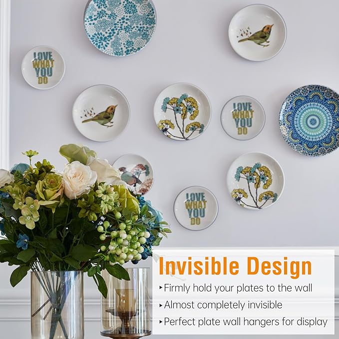 Bilillo 12 Pieces Invisible Heavy Duty Plate Holder, Stainless Steel Plate Hangers for The Wall, Plate Hangers for Display with Wall Hooks, Suitable for 4-5 inch Decorative Plattes and Arts (Silver)