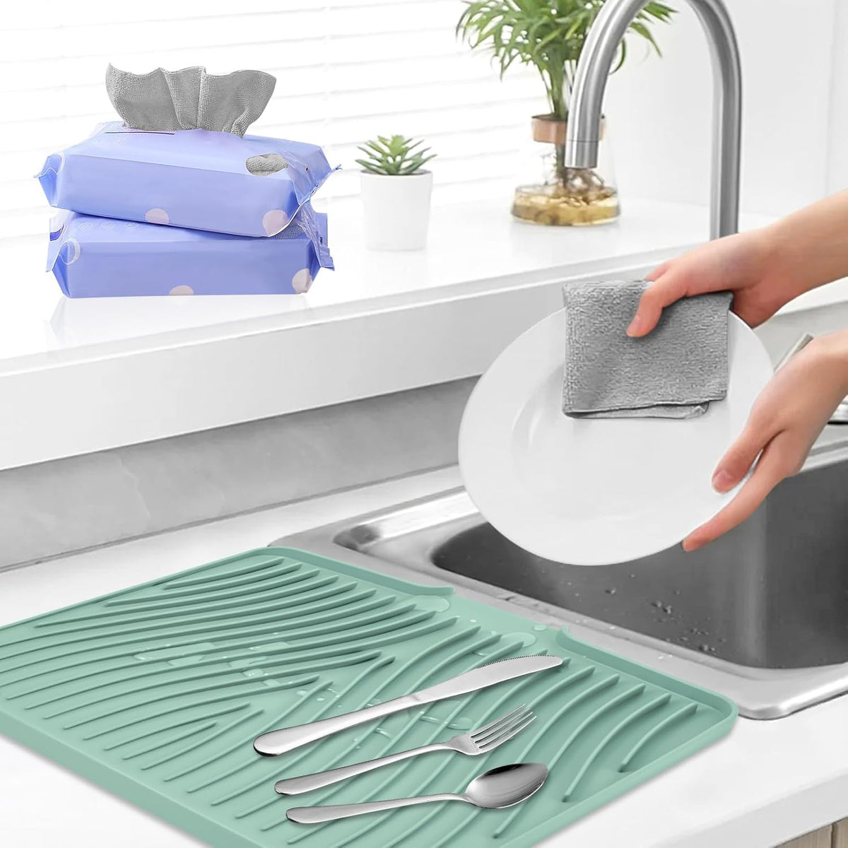 Silicone Dish Drying Mat, Stone Drying Mat for Kitchen Counter with Built-in Drain, Non-Slip 15.8" X 13" Drying Matt Kitchen Counter and Grey Microfiber Cleaning Cloth, Cleaning Rags Set(Mint)