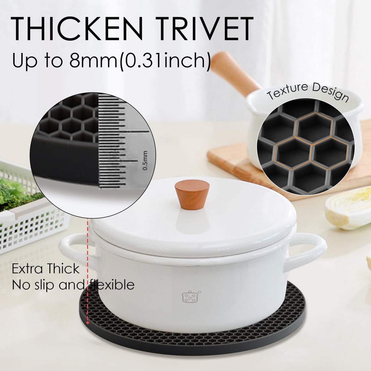 4 Pack Silicone Trivets for Hot Pots and Pans, Black Hot Pads Pot Holders, Non-Slip & Heat Resistant Silicone Mats for Kitchen Counter, Soft Durable Drying Mat, Jar Opener and Coasters, Black