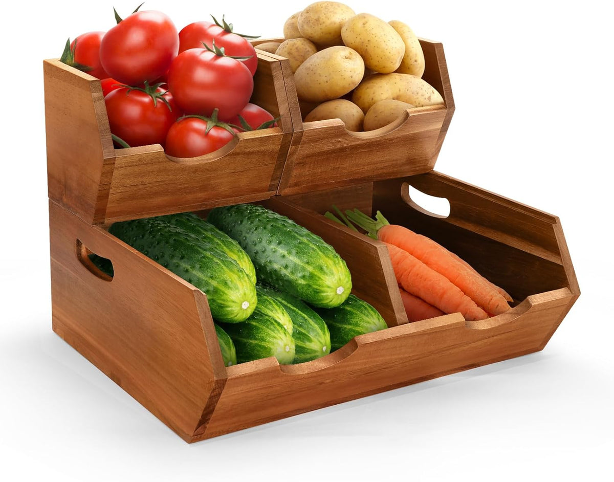 3 in 1 Acacia Wood Pantry Storage Bins for Kitchen（No installation Required）-Potato and Onion Storage Bins，2-tier Vegetable and Fruit Organizer with Anti-slip Mat，Stacking Bins for Kitchen & Pantry