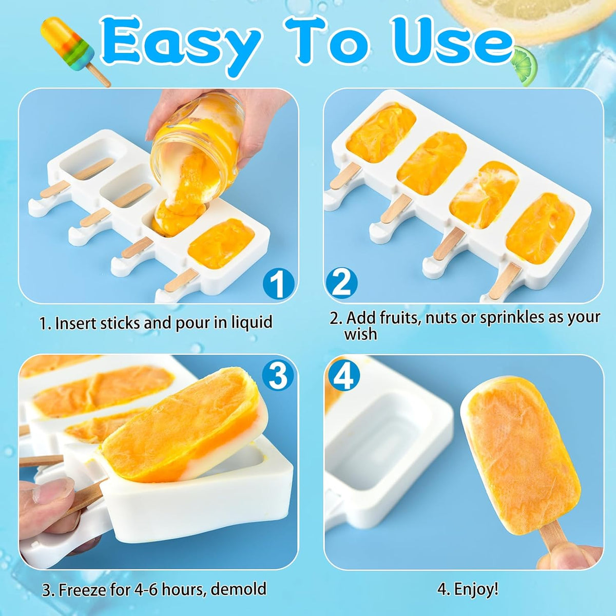 8 Set Silicone Popsicle Molds 4 Cavities Ice Cream Oval Cake Molds with 400 Sticks, Reusable Ice Pop & Cakesicle Mould forKids, DIY Frozen Treats, Summer Snacks, Parties Favors, Easy Release