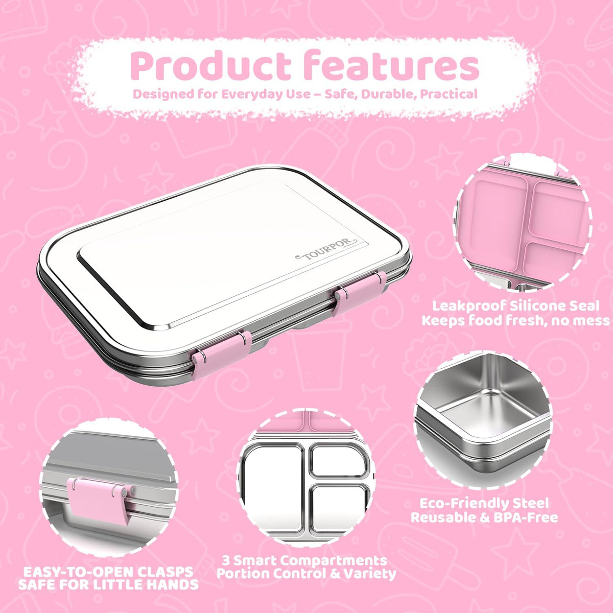 Stainless Steel Lunch Box 1000ml - 3 Compartment Bento Box for Kids & Adults, Leakproof Food Container, BPA-Free Metal Lunch Box with Silicone Seal, Eco-Friendly/Dishwasher Safe (Pink)