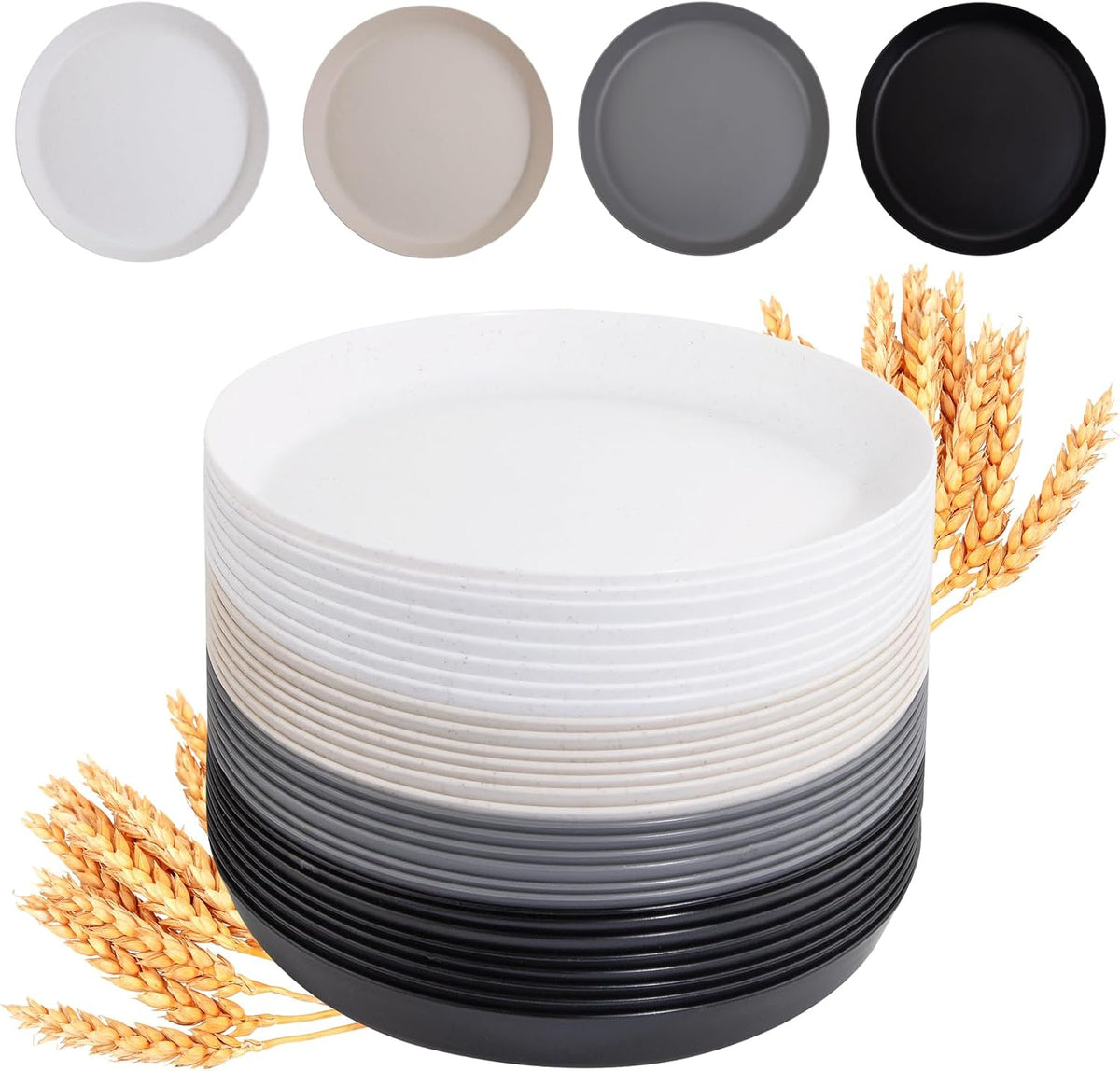EI 16pcs Wheat Straw Dinner Plates Set,Unbreakable Plastic Plates,Reusable Lightwight Plastic Plate,Party Plate for Halloween,Family Dinners, Picnics, School-Black,White,Dark Grey,Beige