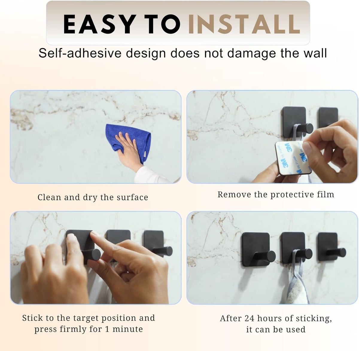 Adhesive Hooks for Hanging - 4 Pack, Heavy-Duty Hooks for Walls No Damage (15lbs) Self-Adhesive Hook for Towles, Robes, Loofhas, Strong Sticky Hook for Closet, Door, Wardrobe. (Black 3)