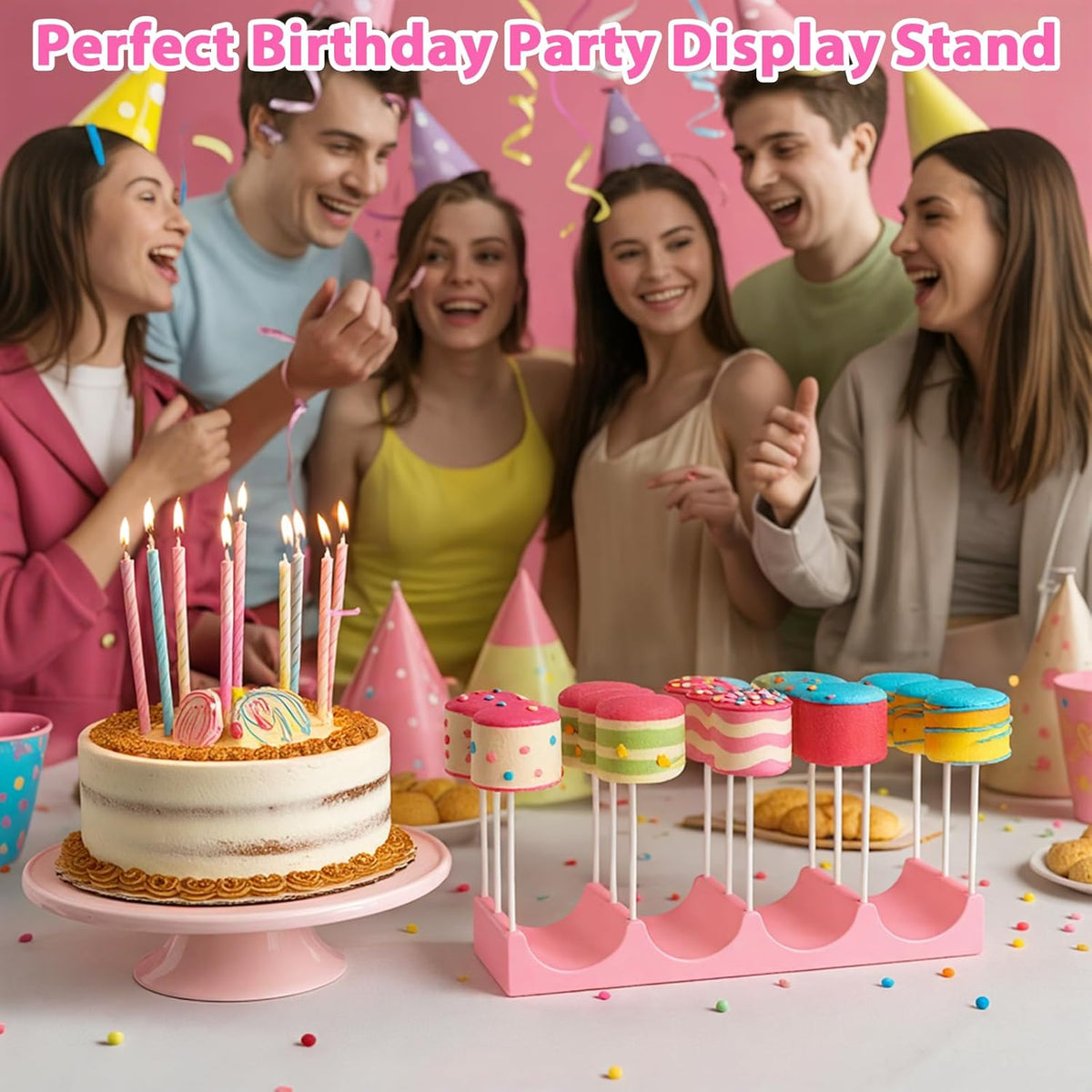15 Holes Silicone Cake Pop Stand for Drying, Lollipop Display Holder with 2 Candy Shaped Cake Pop Mold Set & 20Pcs Sticks for Birthday Cake Decorations (Pink&Blue, 23P)