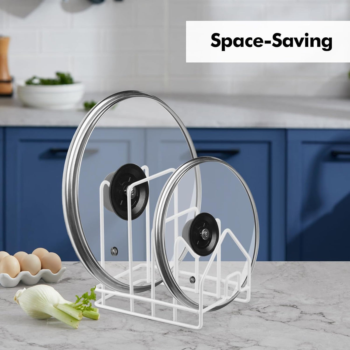 Poeland Kitchen Pot Lid Organizer, Pan Rack with 4 Compartments, Pantry Organizer Rack for Dinnerware, Bakeware, Cookware, Cutting Boards, Pan Lids (Small Size, White)