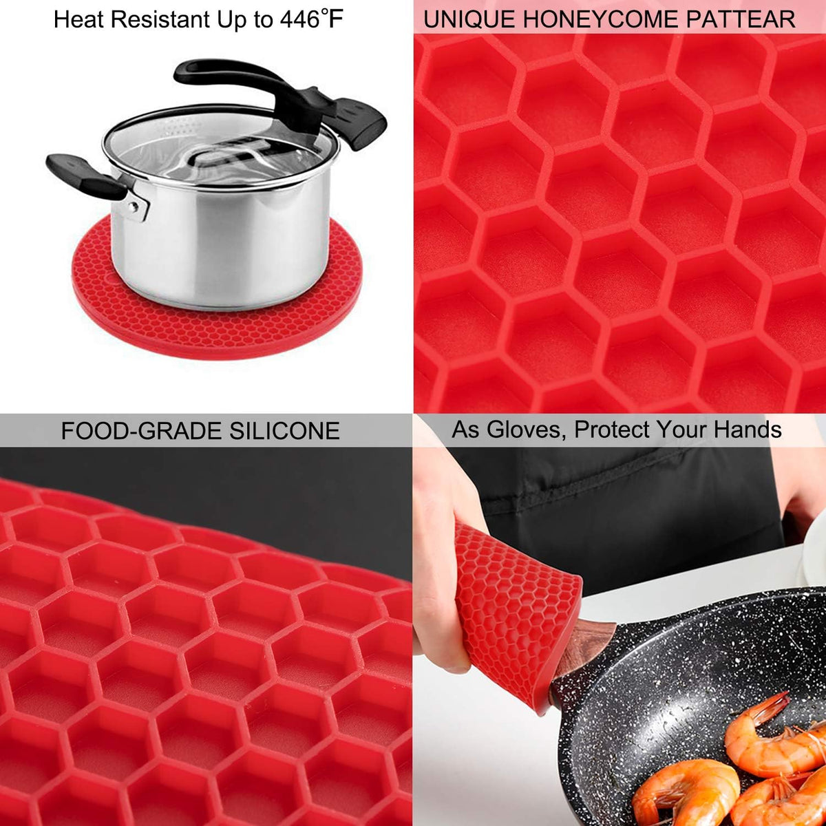Silicone Trivets for Hot Pots and Pans, 4PCS Flexible Multipurpose Hot Pads Pot Holders, Heat Resistant Trivet Mats for Hot Dishes, Soft Non-Slip Silicone Mat for Kitchen Counter(Red)