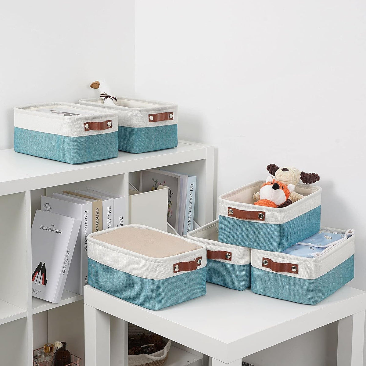 DULLEMELO Storage Baskets Bins for Organizing, Small Fabric Baskets for Shelves, Closets, Nursery, Home, Office, Empty Gift Baskets (6-Pack, White&Teal)