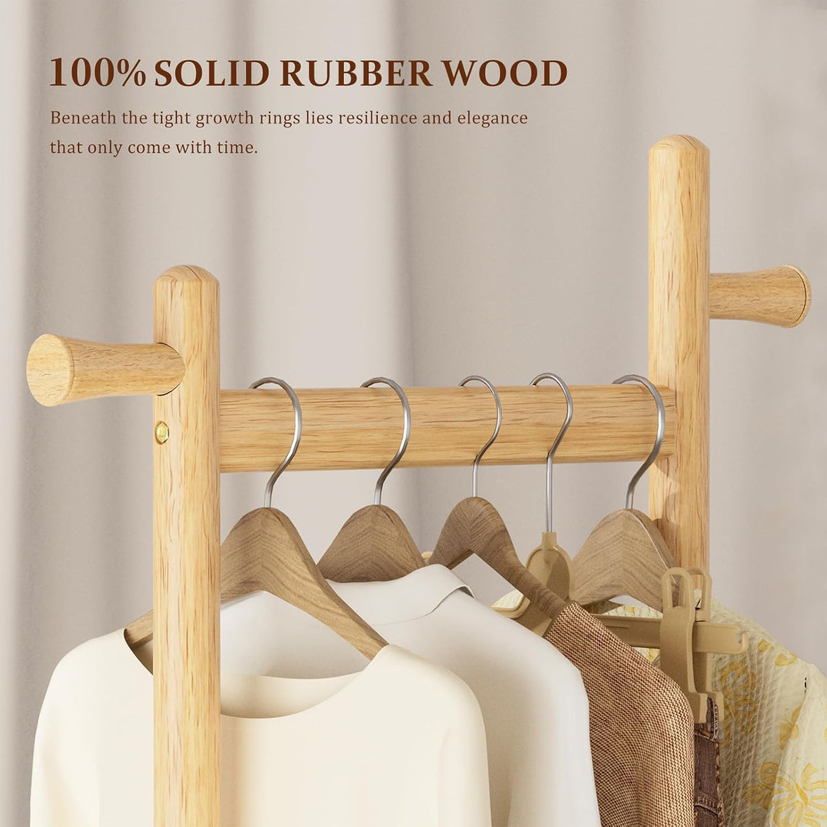 Solid Wood Coat Rack Freestanding Clothing Rack with Wheels & 2 Shelves Storage & 5 Hooks Heavy Duty Clothes Rack Wood Coat Tree Stand Hat Hanger Rack for Corner Bedroom Entryway Living Room Hotel
