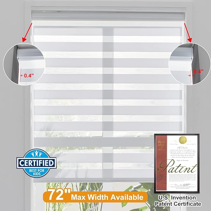 Persilux Cordless Zebra Blinds for Windows, Roller Shades for Windows (34.5" W x 64" H, White) Dual Layer Fabric for Day and Night,Room Darkening Shades for Home, Office, Bedroom and Living Room