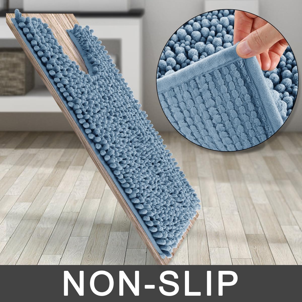 Yimobra Toilet Rug U Shaped Washable 24x20 Inch - Ultra Soft Absorbent Chenille Bath Rugs for Toilet, Quick Dry & Machine Washable, Non Slip Contour Bathroom Mat, Denim Blue