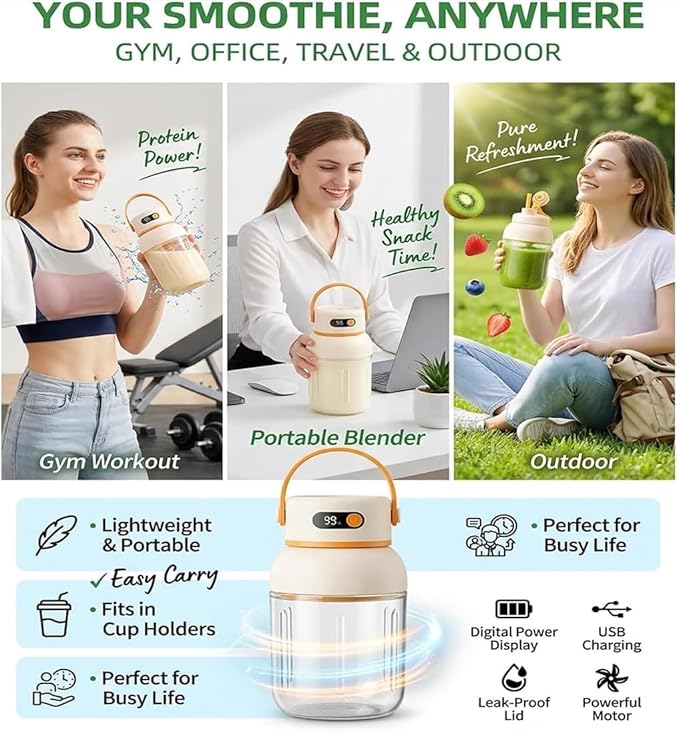 Portable Electric Juicer Cup with Zero Cord Hassle, Fresh Juicer Portable Blender with Digital Display, Leakproof USB-C Rechargeable Personal Blender for Home, Travel, Easy Clean (2a,1200ml)