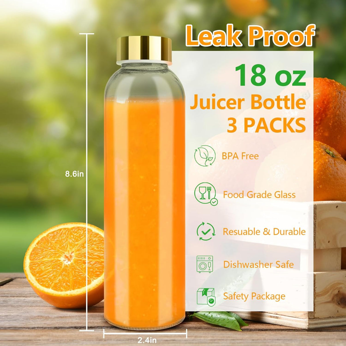 Zukro Glass Water Bottles with Gold Lids 18 oz, Reusable Clear Glass Juice Bottles Stainless Steel Airtight Cap for Juicing, 100% Leak Proof Juice Drinking Jar for Refrigerator, BPA Free, Set of 3