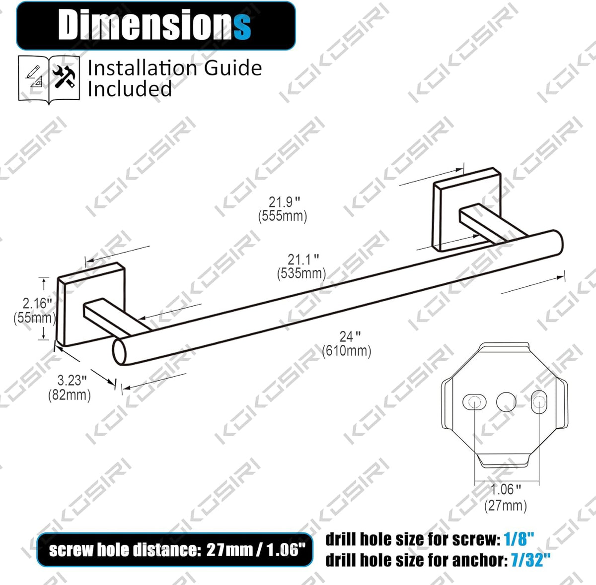 KOKOSIRI Bathroom Towel Bar Bath Towel Holders for Toilet Kitchen Cabinet Wall Mount 24 Inch Brushed Gold Stainless Steel B4005BG-L24