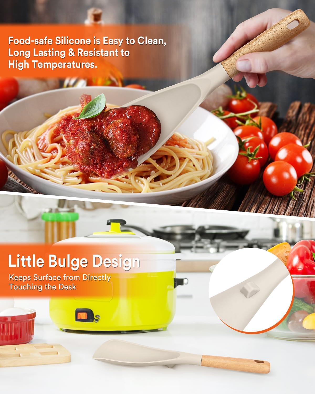 Cooking Spoon and Rice Scooper for Nonstick Cookwares, Great for Cooking and Serving Sturdy BPA-Free Matte Silicone, Wood Handle Spoon for Mixing, Scoop, and Scrape (KHAKI)