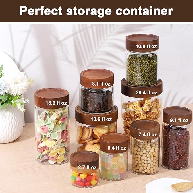 5oz Coffee Jars with Wood Lids, 4 Pack 160ml Clear Glass Storage Jars with Airtight Screw Lids, Empty Spice Bottles Food Storage Containers Meal Prep Canister for Salad, Sugar, Honey, Tea, Candy