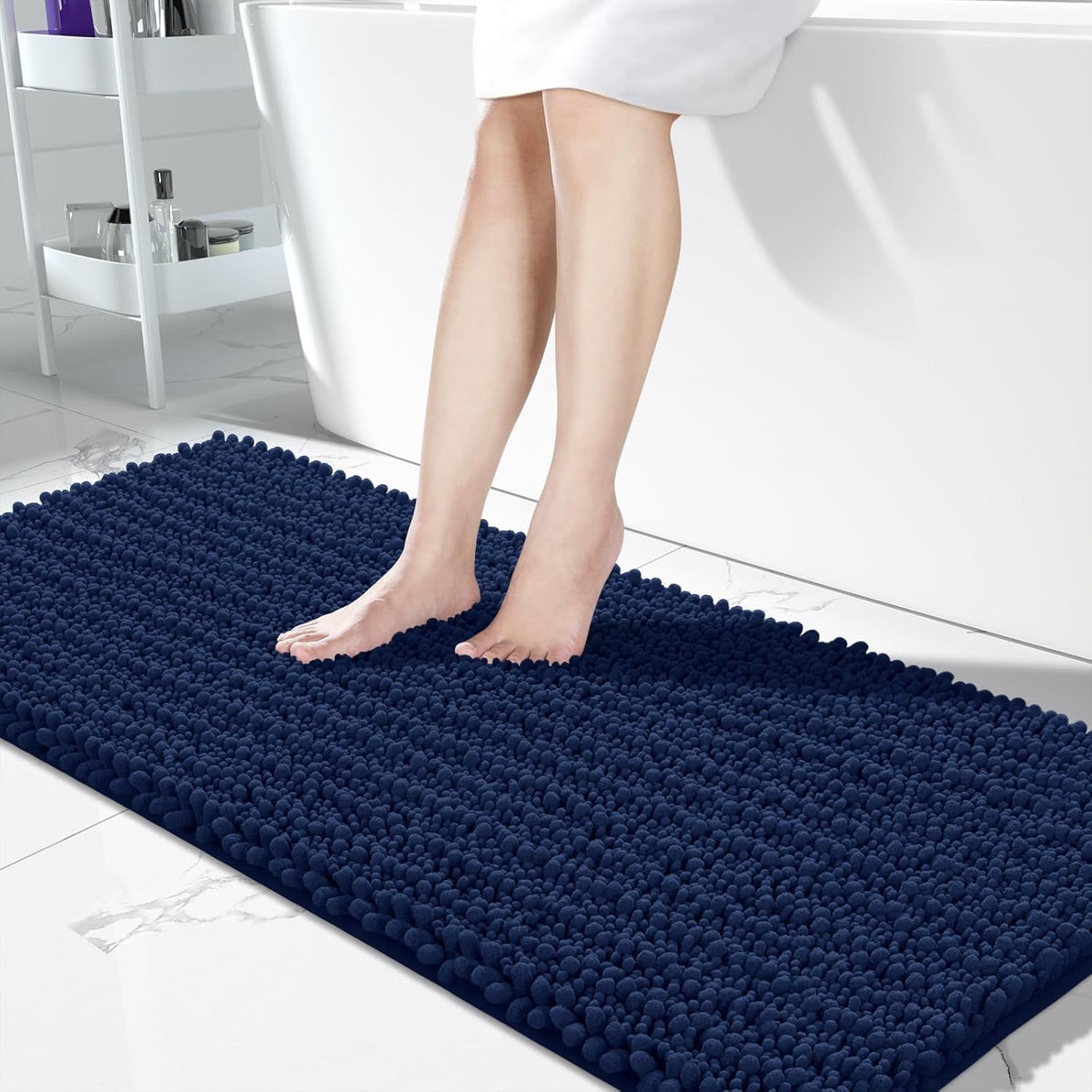Yimobra Bathroom Runner Rug 60x24 Inch - Extra Long Non Slip Chenille Bath Mat, Soft & Absorbent, Machine Washable Shaggy Hallway Carpet for Vanity Tub Shower, Navy Blue Home Decor Accessories