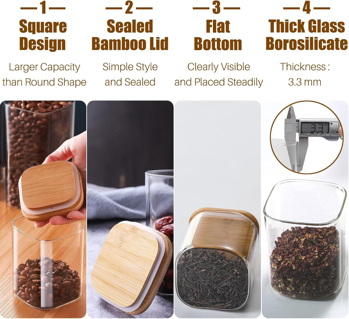 38 oz Glass Food Storage Jars with Airtight Lids, Clear Glass Jar with Bamboo Lid, Airtight Food Canister for Tea, Candy, Coffee, Sugar, Cookie, Snack. (Square| 5+6 Inch) SET of 3