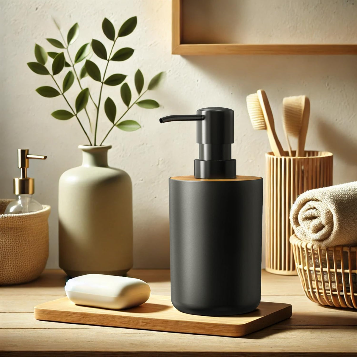 Soap Dispenser for Bathroom and Kitchen, 12oz Modern Minimalist Style Plastic matte black Empty Lotion Dispenser with Refillable Pump,Liquid Bottle for Hand Soap, Dish Soap,College Dorm Use