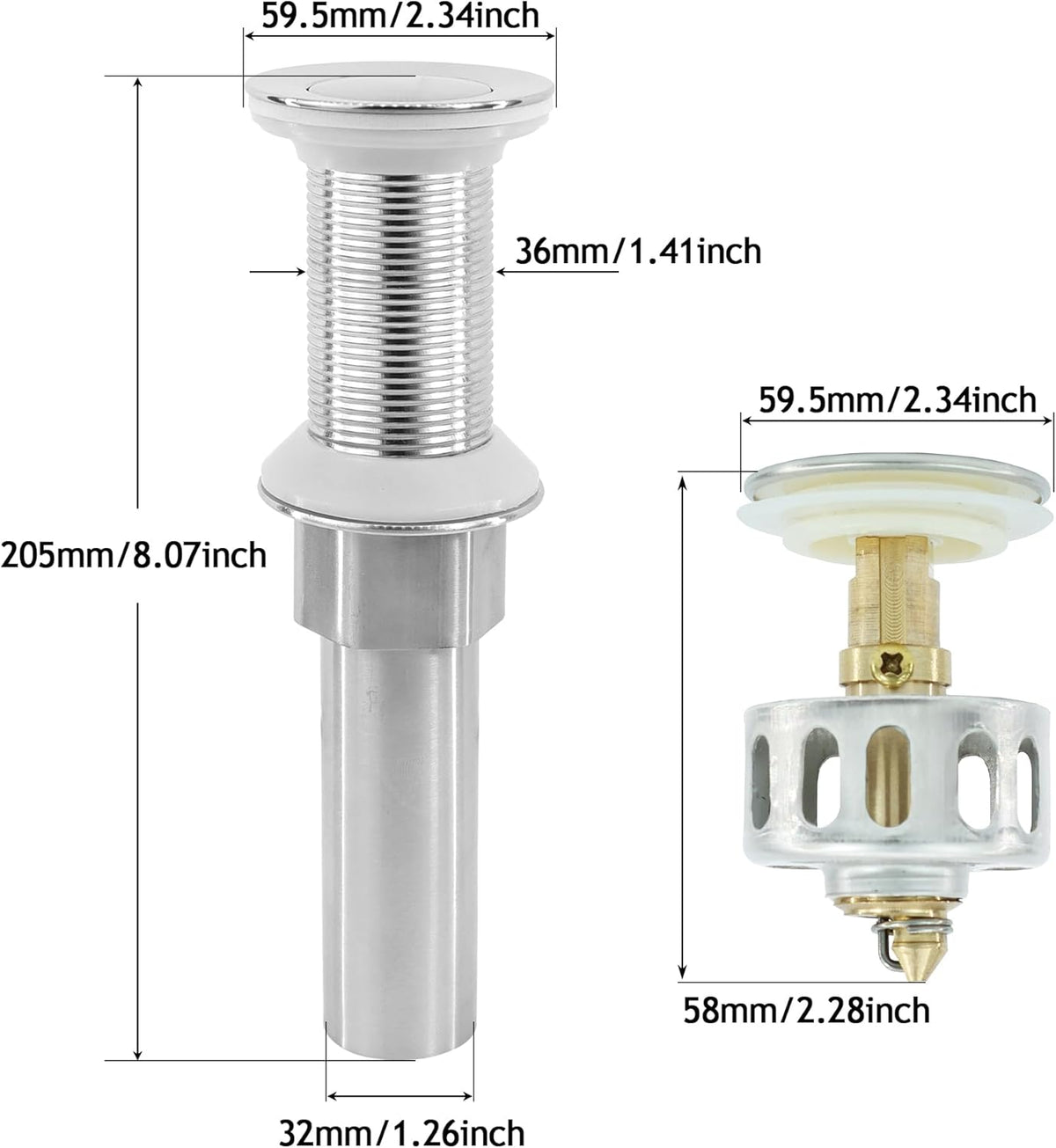 Bathroom Sink Drain,2 Pack Drain Stopper Without Overflow,Small Cap Pop Up Drain Assembly with Detachable Strainer Basket,Built-in Anti-Clogging, Stainless Steel Nut Brushed Nickel