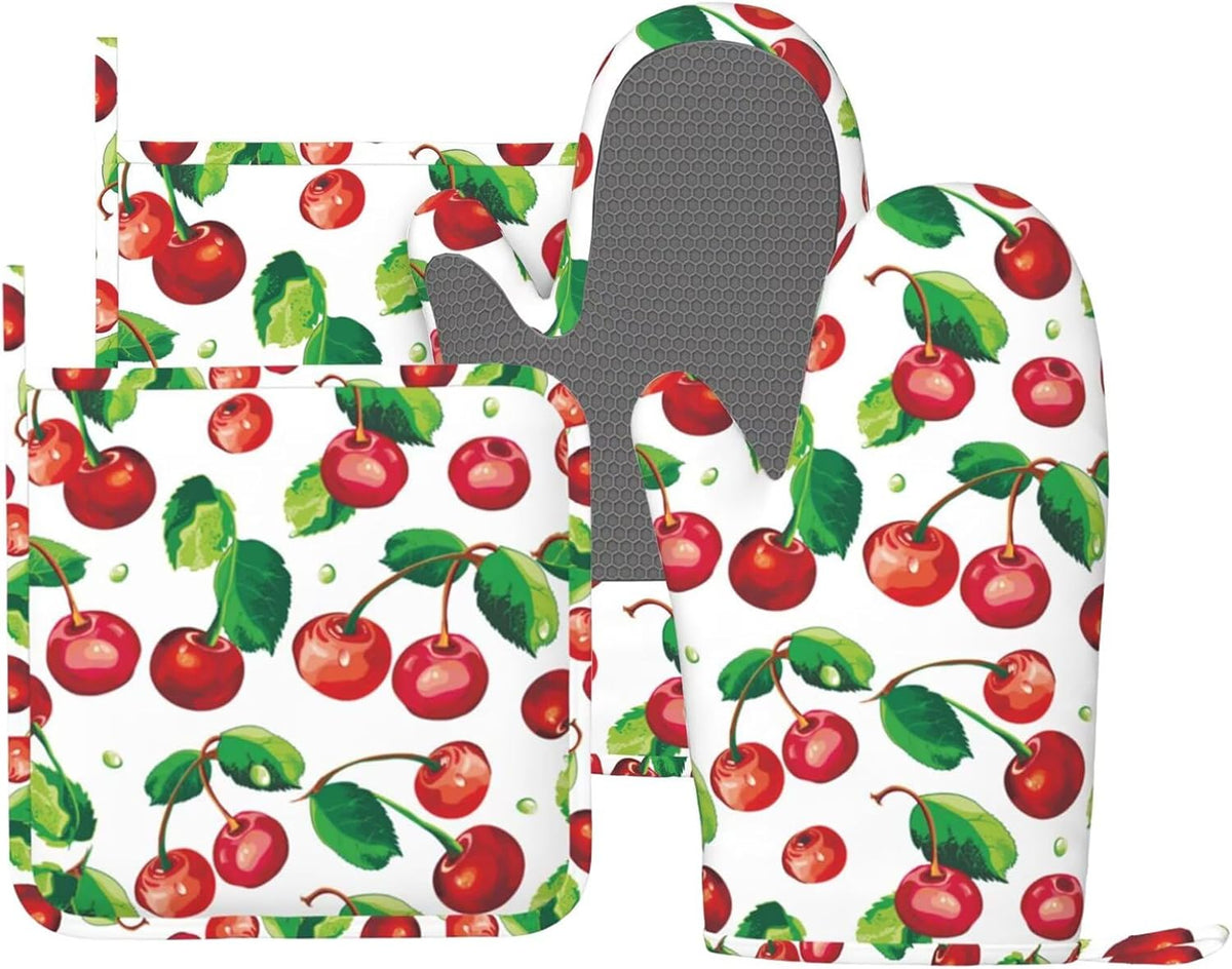 Red Cherry Oven Mitts and Pot Holders Set of 4 Silicone Cherries Kitchen Mitten Gloves and Non-Slip Potholders Set Heat Resistant Oven Gloves Hot Holders for Kitchen