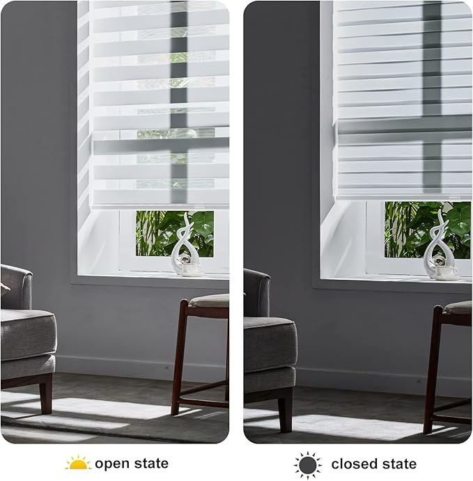 Persilux Cordless Zebra Blinds for Windows Free-Stop Roller Shades for Windows (62" W x 72" H, White) Dual Layer Window Treatments Room Darkening Roller Blinds for Home, Office and Kitchen