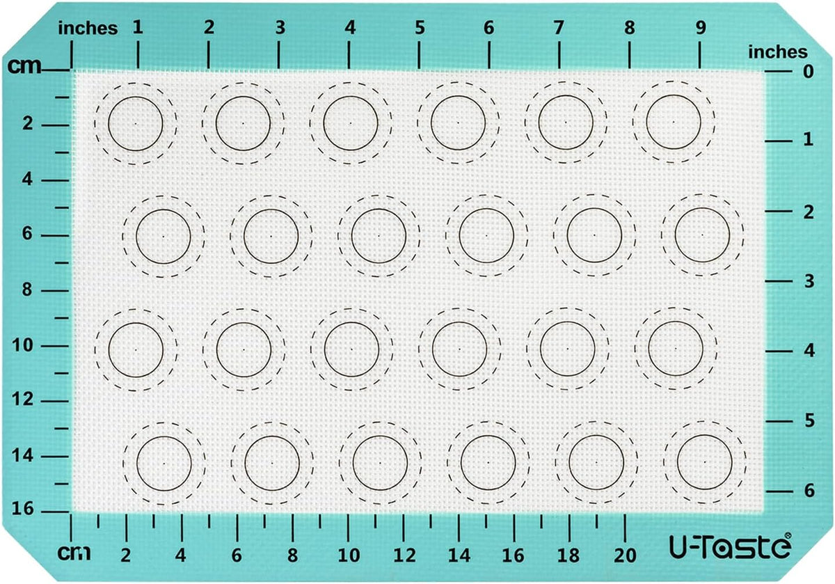 446ºF Heat Resistant Macaron Mat: U-Taste 11.75x8.25in Non Stick Silicone Baking Mat, Reusable Cookies Pastry Sheet Liner with Edge Enhancement & Circle Measurement for Cake Pan (Aqua Sky)