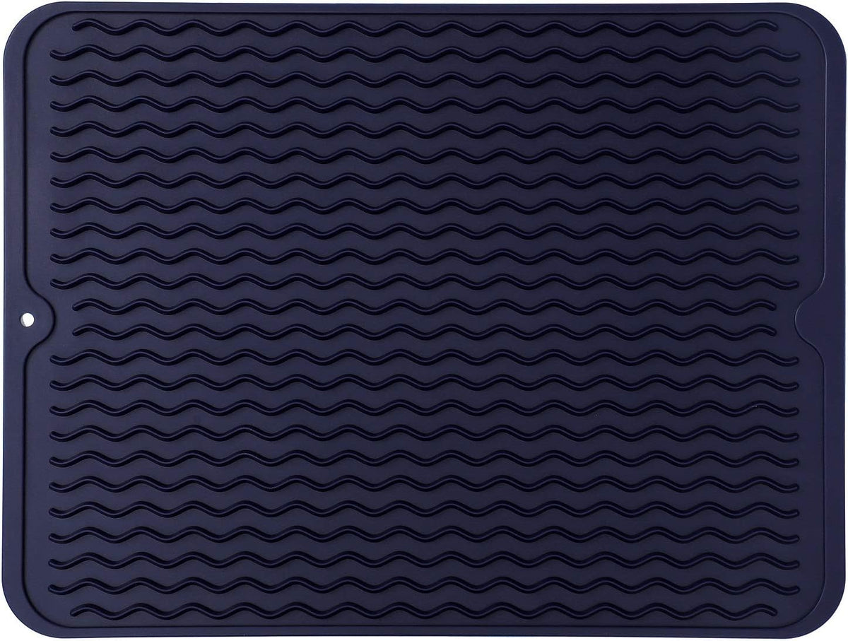 Silicone Dish Drying Mat for Multiple Usage,Easy clean,Eco-friendly,Heat-resistant Silicone Mat for Kitchen Counter or Sink,Refrigerator or drawer liner Navy Blue L 16 inches x 12 inches