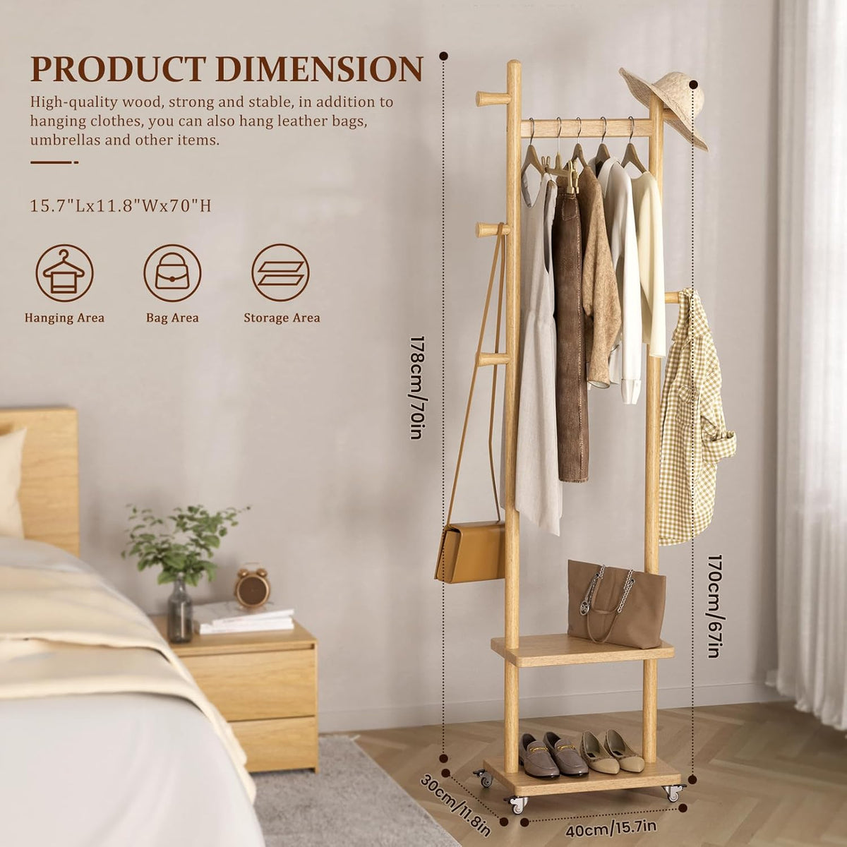 Solid Wood Coat Rack Freestanding Clothing Rack with Wheels & 2 Shelves Storage & 5 Hooks Heavy Duty Clothes Rack Wood Coat Tree Stand Hat Hanger Rack for Corner Bedroom Entryway Living Room Hotel