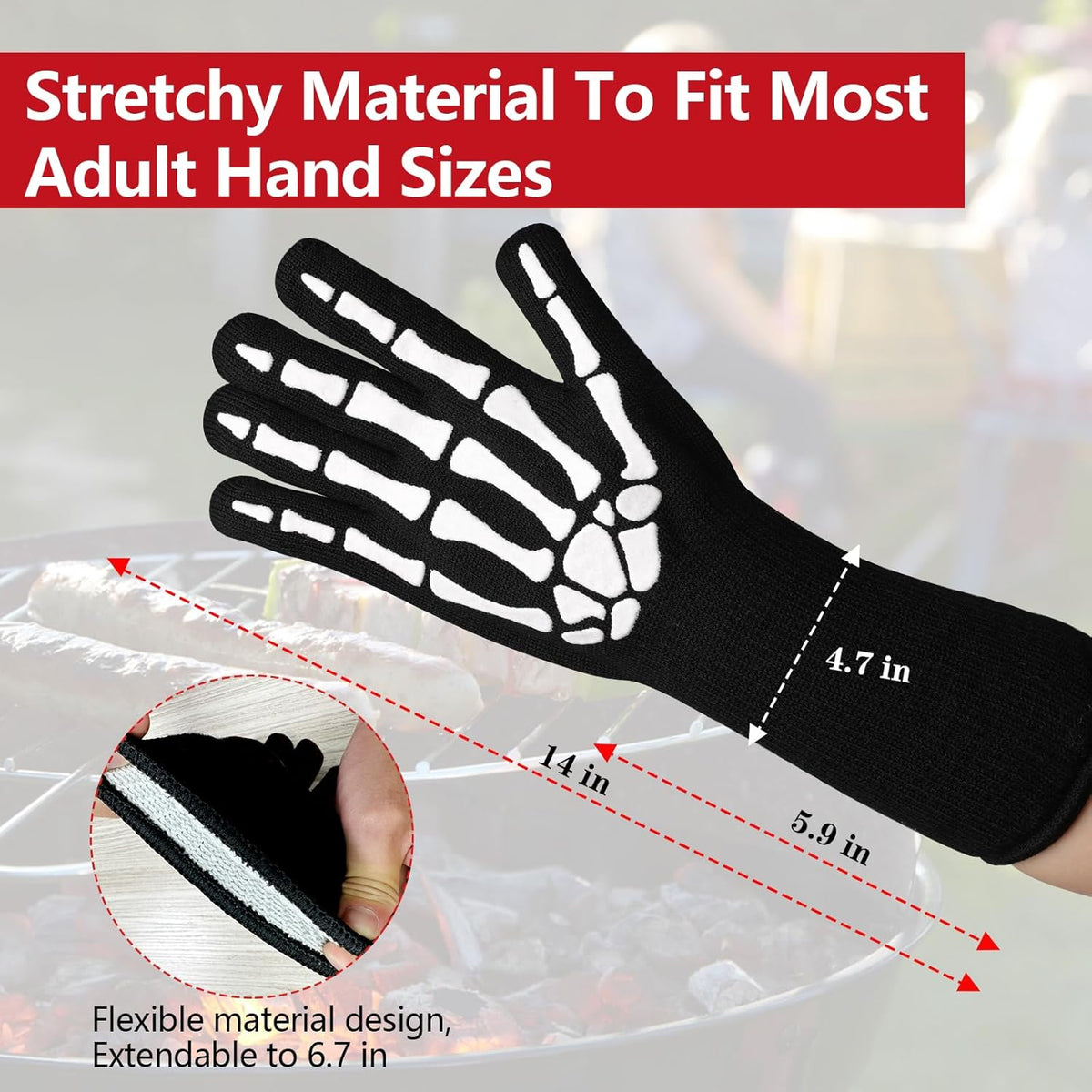 UBeesize Lengthen BBQ Gloves (Skeleton), 1472°F Heat Resistant Grill Glove, 14 inch Fireproof Oven Gloves for Cooking, Non-Slip Fire Glove for Grilling, Barbecue, Smoker, Baking, Frying