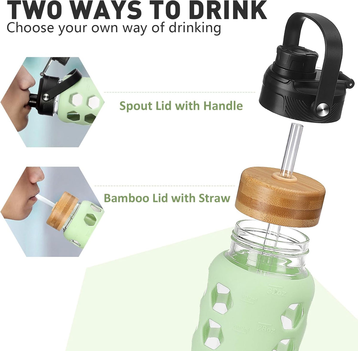 MUKOKO Glass Water Bottles,24oz Glass Tumbler with Straw,Drinking Bottles with 2 Lids-Handle Spout Lid&Bamboo Straw Lid,Motivational Water Bottle with Time Marker and Silicone Sleeve,1 Pack-Mustard