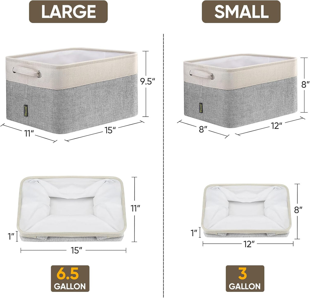 BALEINE 2 Pack Fabric Storage Bins for Shelves, Linen Storage Baskets for Organizing, Decorative Closet Bins for Clothes, Home (Grey, 12"x8"x8")