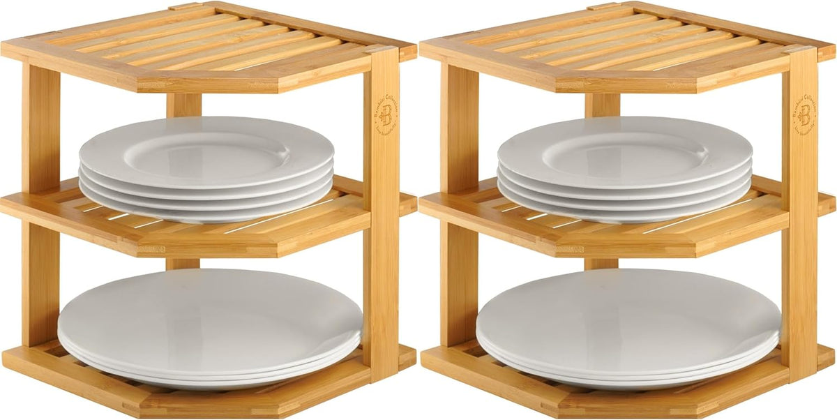 2-Pack Plate Organizer for Cabinet - Bamboo Corner Shelf for Kitchen or Bathroom Storage, Space-Saving Rack for Dishes, Countertop, Cabinet, Pantry - Organization & Housewarming Gift