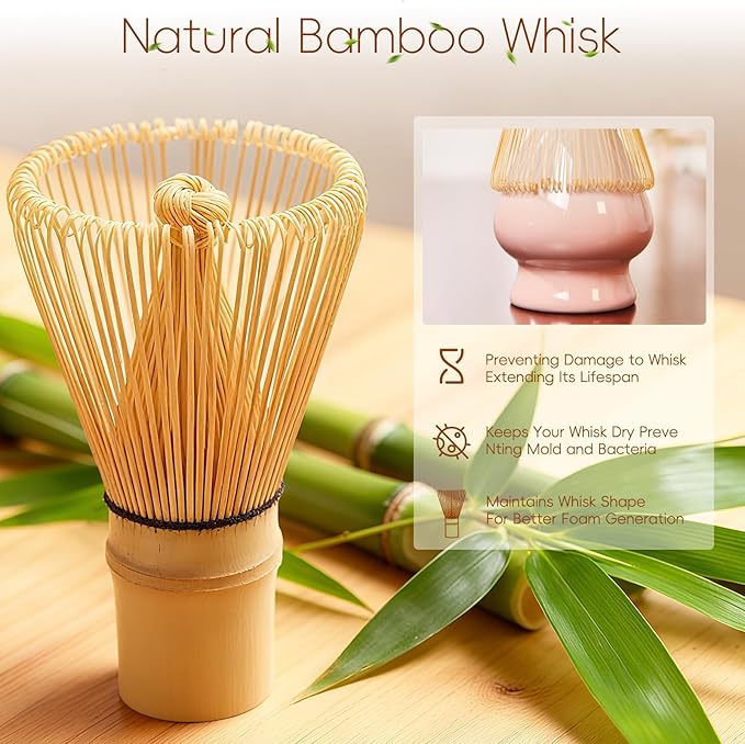Matcha Whisk Set, Ceramic Matcha Set Includes Bowl & Holder, Bamboo Whisk (Chasen), Scoop, Spoon and Sifter, 6PCS Matcha Kit Covers Everything Needed for Making Matcha (Pink)