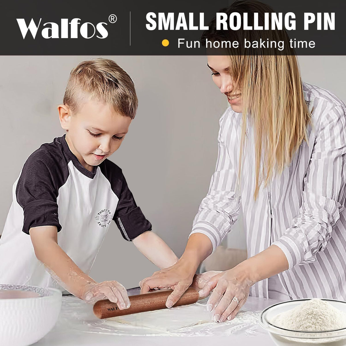 Walfos French Rolling Pin Set - Natural Wooden Rolling Pins (8inch, 15.7inch) With Non-stick Silicone Fiber Pastry Mat, Baking Dough Roller for Pizza, Pie, Pasta, Bread, Pastry