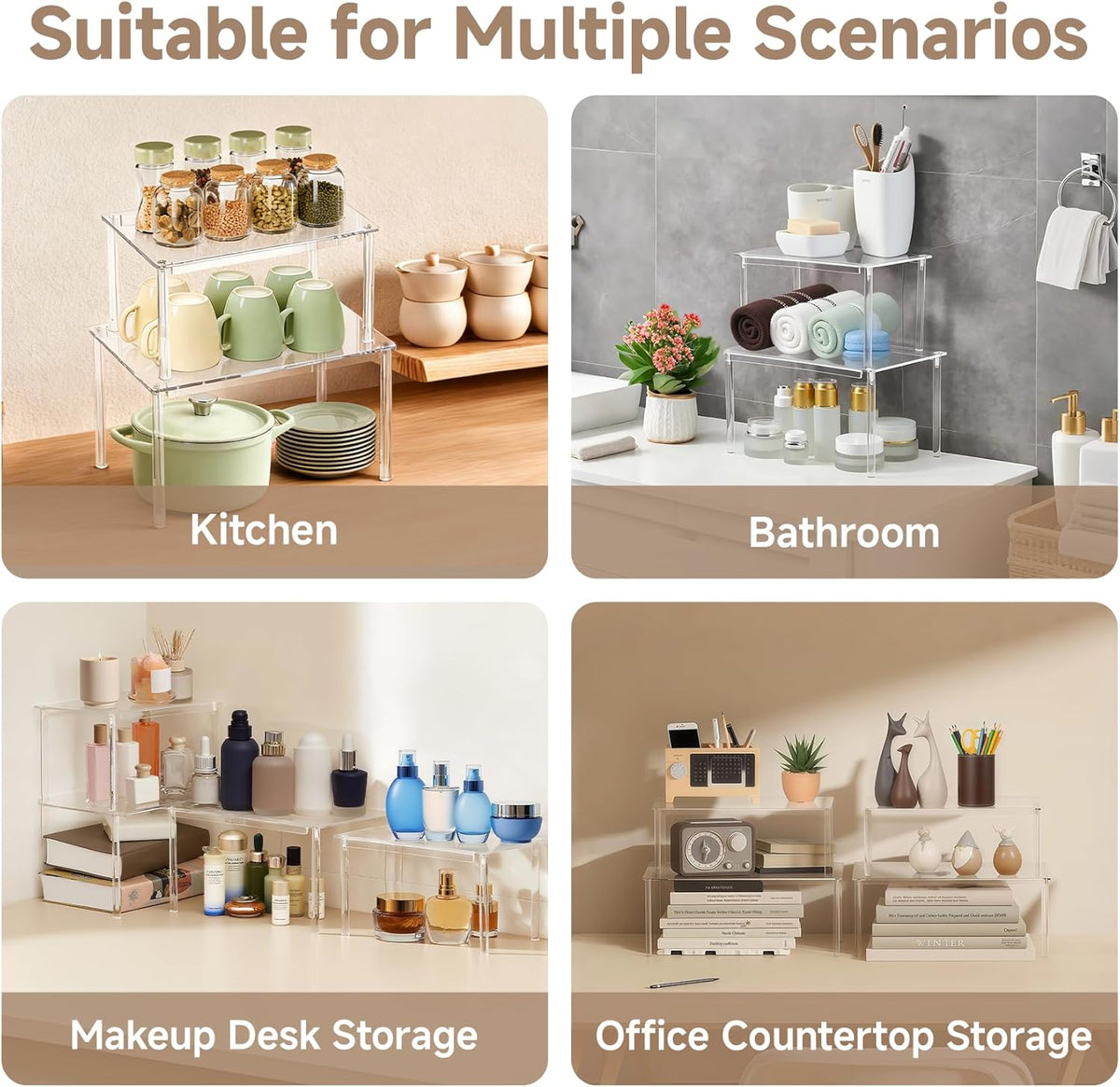 Clear Kitchen Cabinet Organizer, Set of 2 Stackable Spice Rack, Acrylic Shelves for Pantry Organizers and Storage, Tiered Spice Organization for Cabinet, Shelf Organizer for Desk Countertop