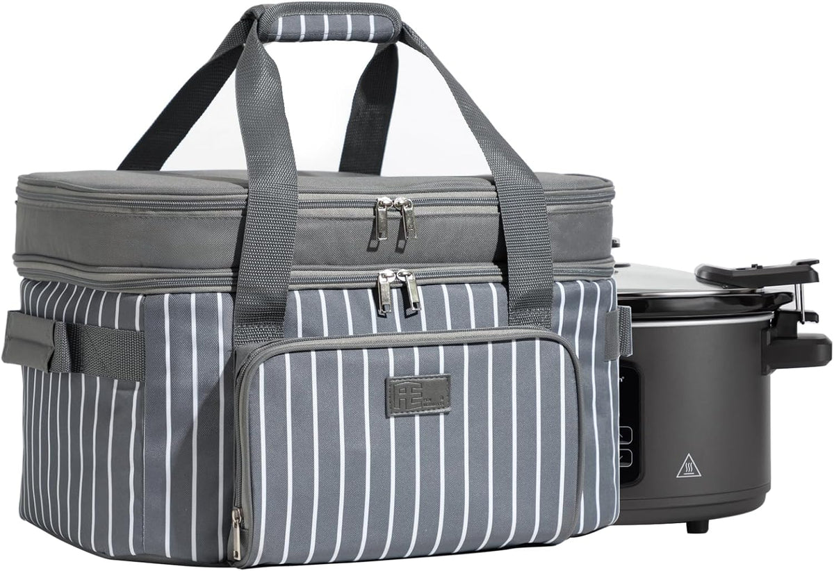 Fun Elements Double Layer Slow Cooker Carrier Bag for 6-8 Quart Oval CrockPot, Insulated Crock Pot Travel Bag with Support Pad and Adjustable Straps, Top Zip Compartment and Front Pocket for Utensils