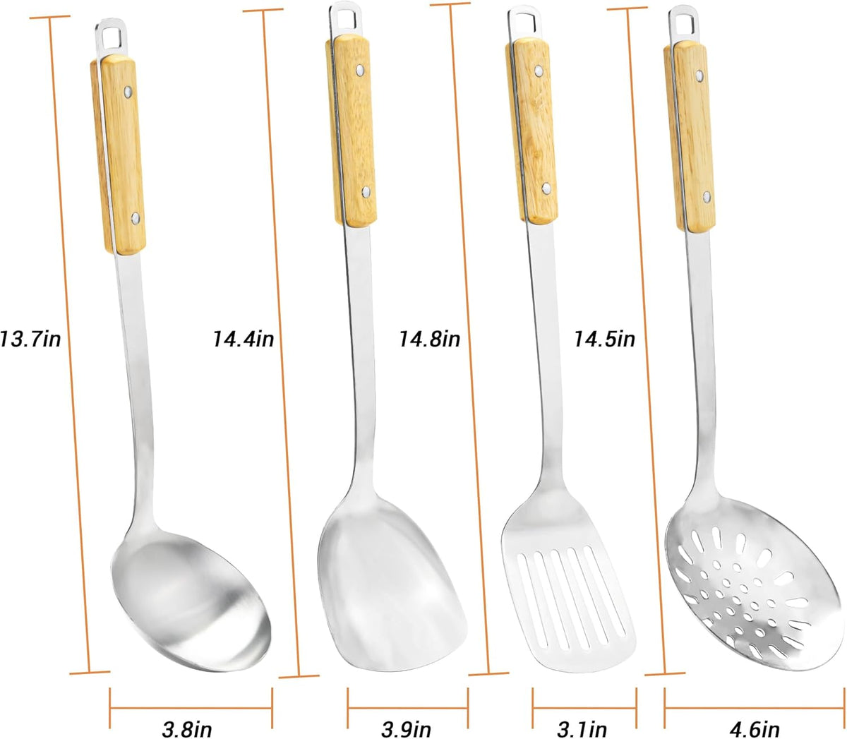 FJNATINH Cooking Utensils - Spatula, Ladle, Skimmer Spoon, Slotted Spatula - 4 Pieces Stainless Steel Wok Utensils Set for Carbon Steel