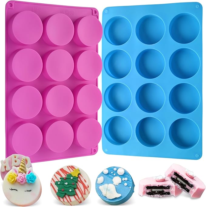 Sakolla 2 PCS Round Chocolate Cookie Molds, Cylinder Silicone Mold, Perfect for Chocolate Covered Oreos, Cake, Candy, Pudding, Mini Soap