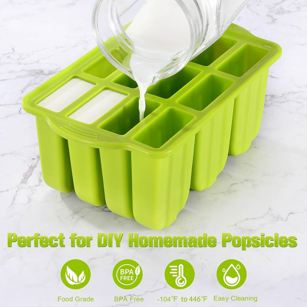 Silicone Popsicles Molds,Ice Pop Cream Mold Set Homemade Toddler Popsicle Maker For Kids Para Paletas De Helado Kulfi BPA Free, with 50 Sticks, 50 Bags,50 wire Ties (Green)